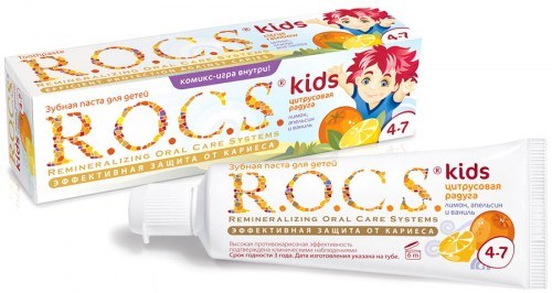 Зубная паста "R.O.C.S" Цитрусовая радуга! Лимон, апельсин, ваниль детская 45г 4-7 лет